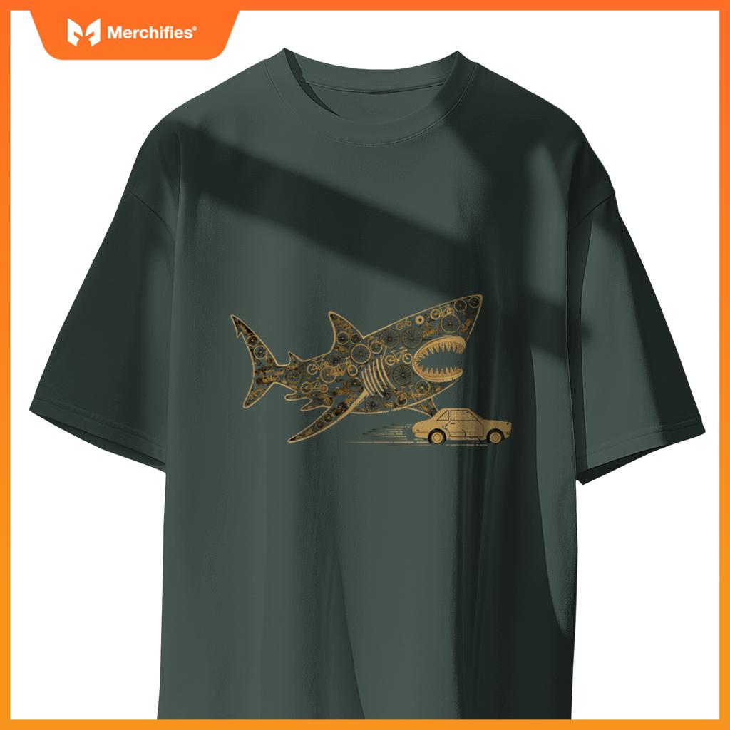 Funny Bicycles Shaping A Shark Chasing A Car Funny Cyclists T-Shirt