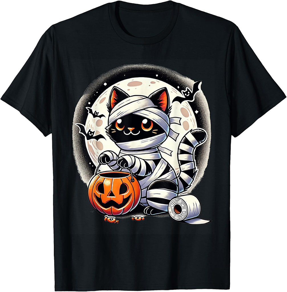 Funny Black Cat Mummy Halloween Pumpkin Boys Girls Kids T-Shirt