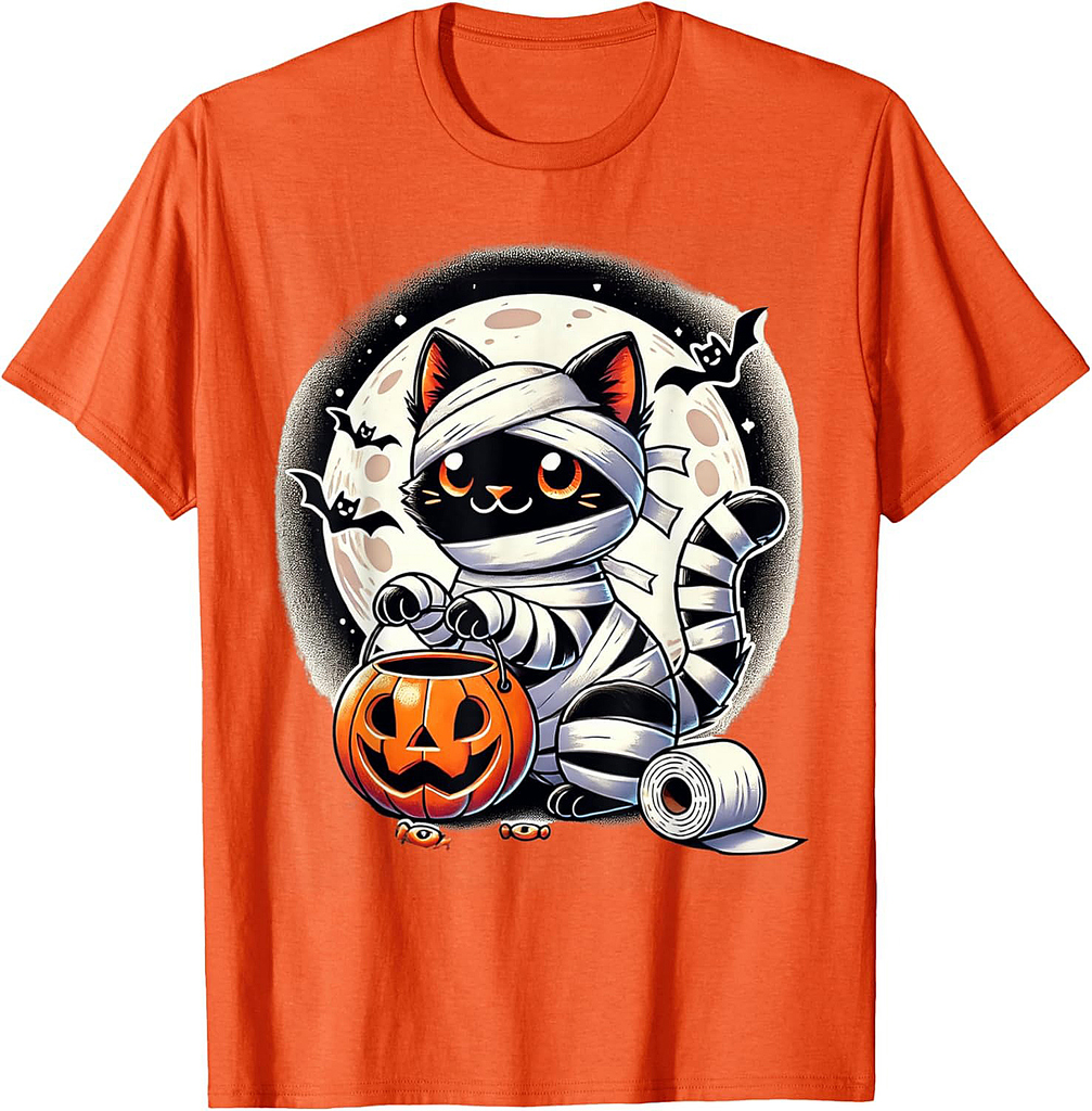Funny Black Cat Mummy Halloween Pumpkin Boys Girls Kids T-Shirt