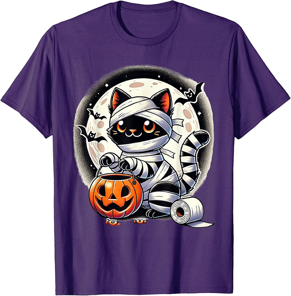 Funny Black Cat Mummy Halloween Pumpkin Boys Girls Kids T-Shirt