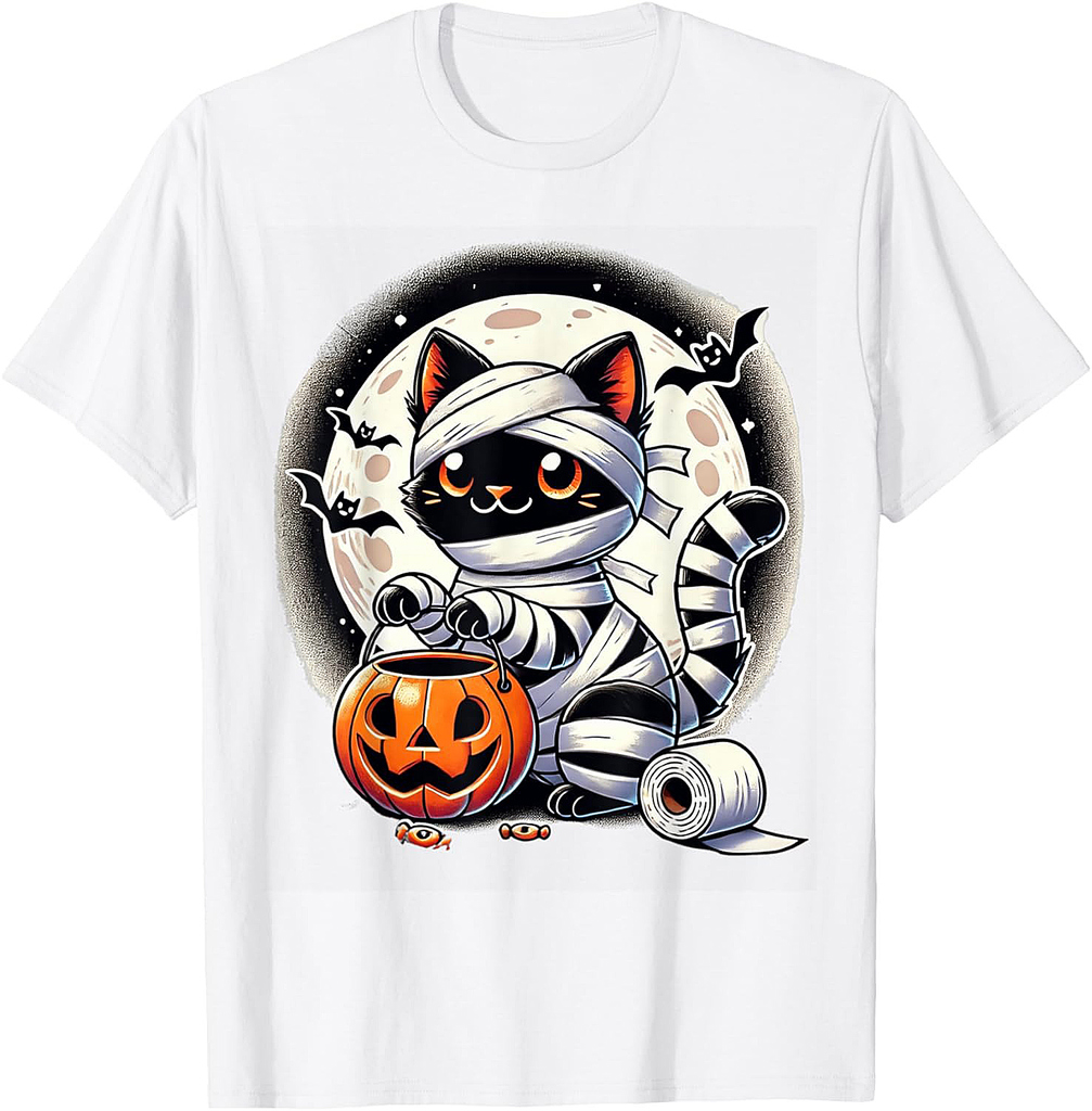 Funny Black Cat Mummy Halloween Pumpkin Boys Girls Kids T-Shirt