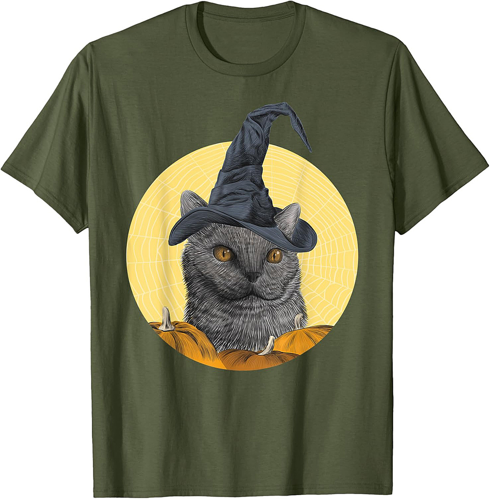 Funny British Cat Witch Hat Halloween Cat Lovers Party T-Shirt