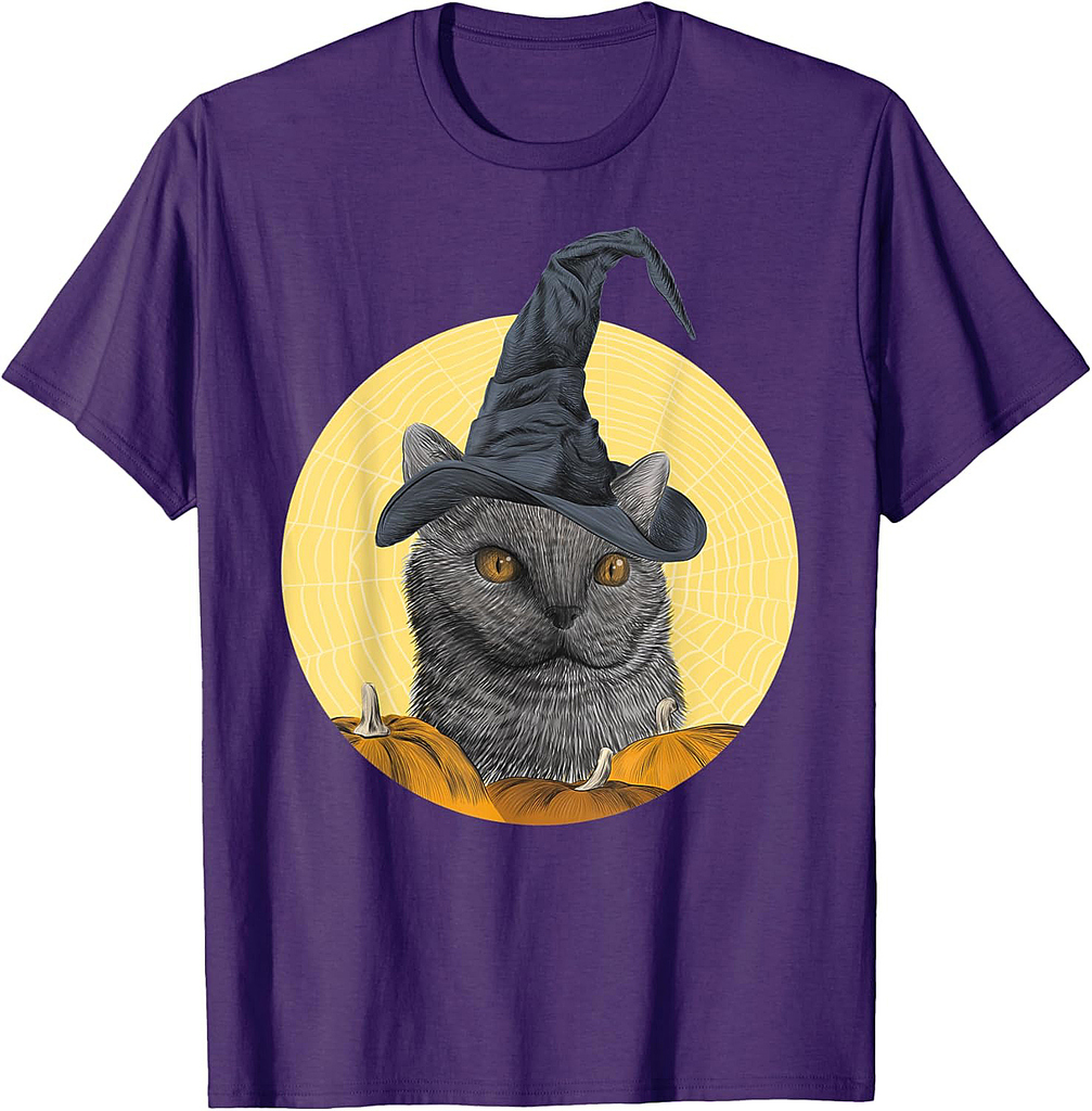 Funny British Cat Witch Hat Halloween Cat Lovers Party T-Shirt