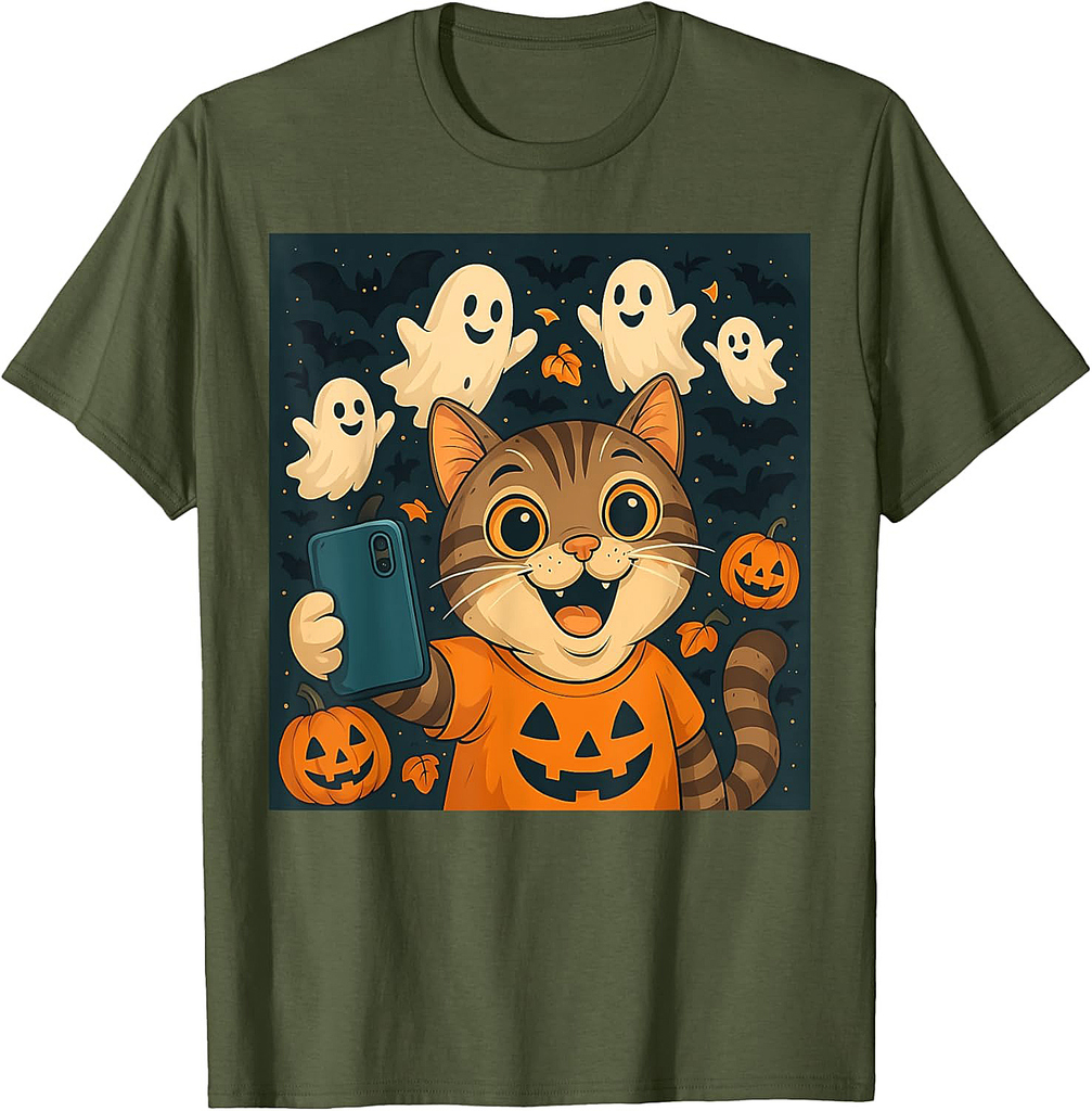 Funny Cat Selfie Pumpkin Ghost Cute Halloween Men Women Kids T-Shirt