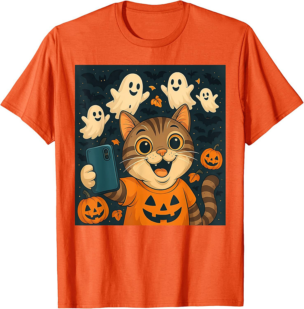 Funny Cat Selfie Pumpkin Ghost Cute Halloween Men Women Kids T-Shirt