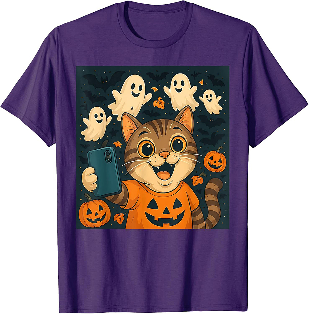 Funny Cat Selfie Pumpkin Ghost Cute Halloween Men Women Kids T-Shirt