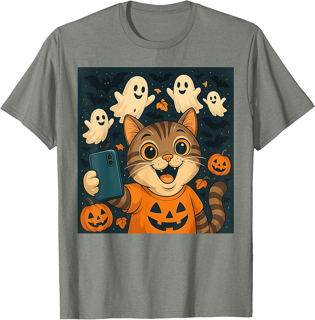 Funny Cat Selfie Pumpkin Ghost Cute Halloween Men Women Kids T-Shirt