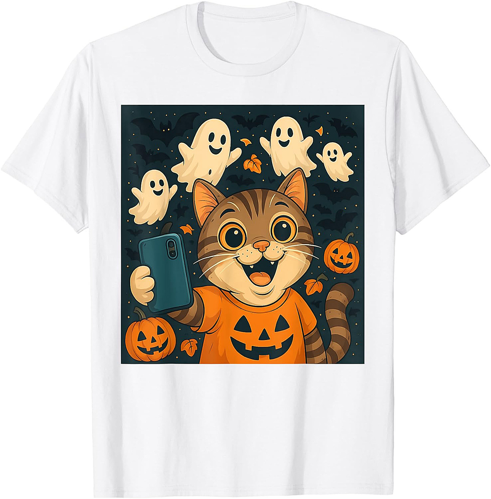 Funny Cat Selfie Pumpkin Ghost Cute Halloween Men Women Kids T-Shirt