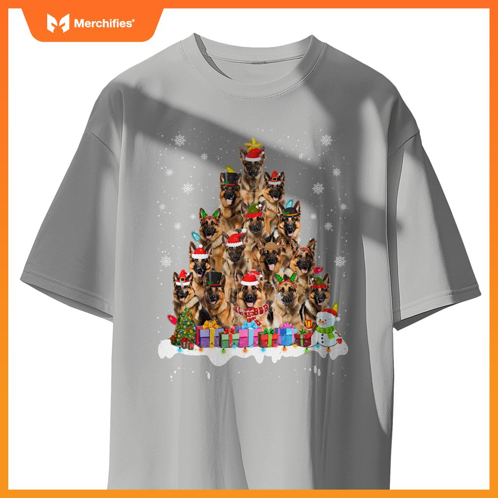 Funny German Shepherd Christmas Lights Tree Dog Lover Xmas T-Shirt