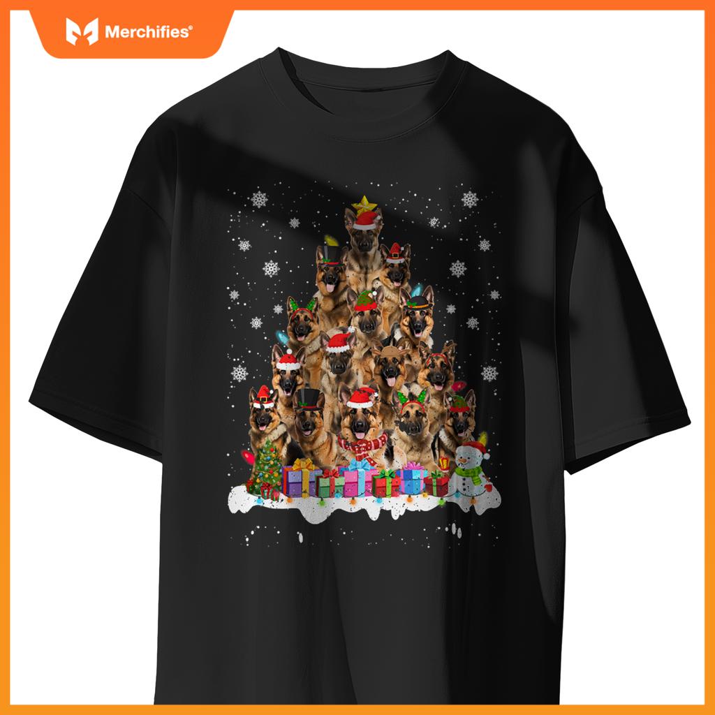 Funny German Shepherd Christmas Lights Tree Dog Lover Xmas T-Shirt