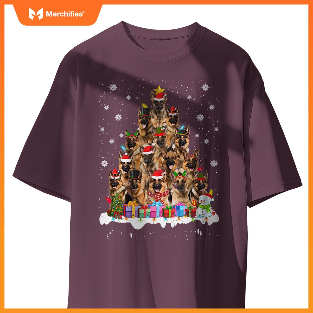 Funny German Shepherd Christmas Lights Tree Dog Lover Xmas T-Shirt
