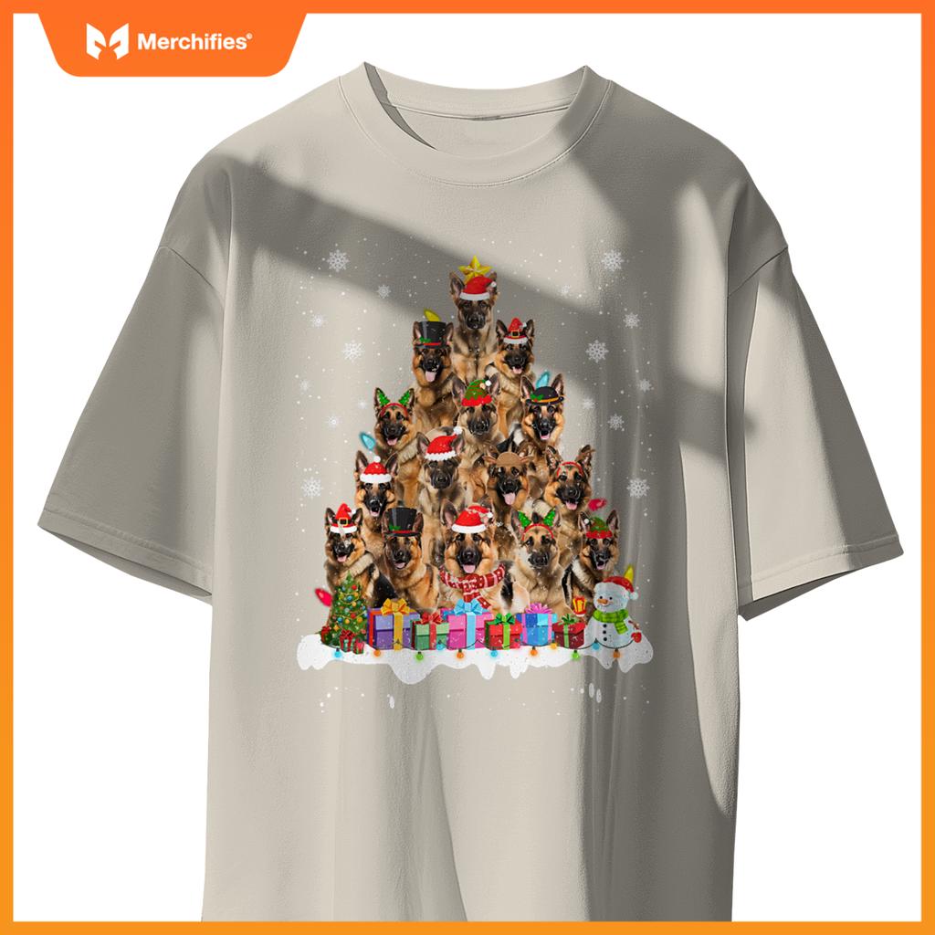 Funny German Shepherd Christmas Lights Tree Dog Lover Xmas T-Shirt