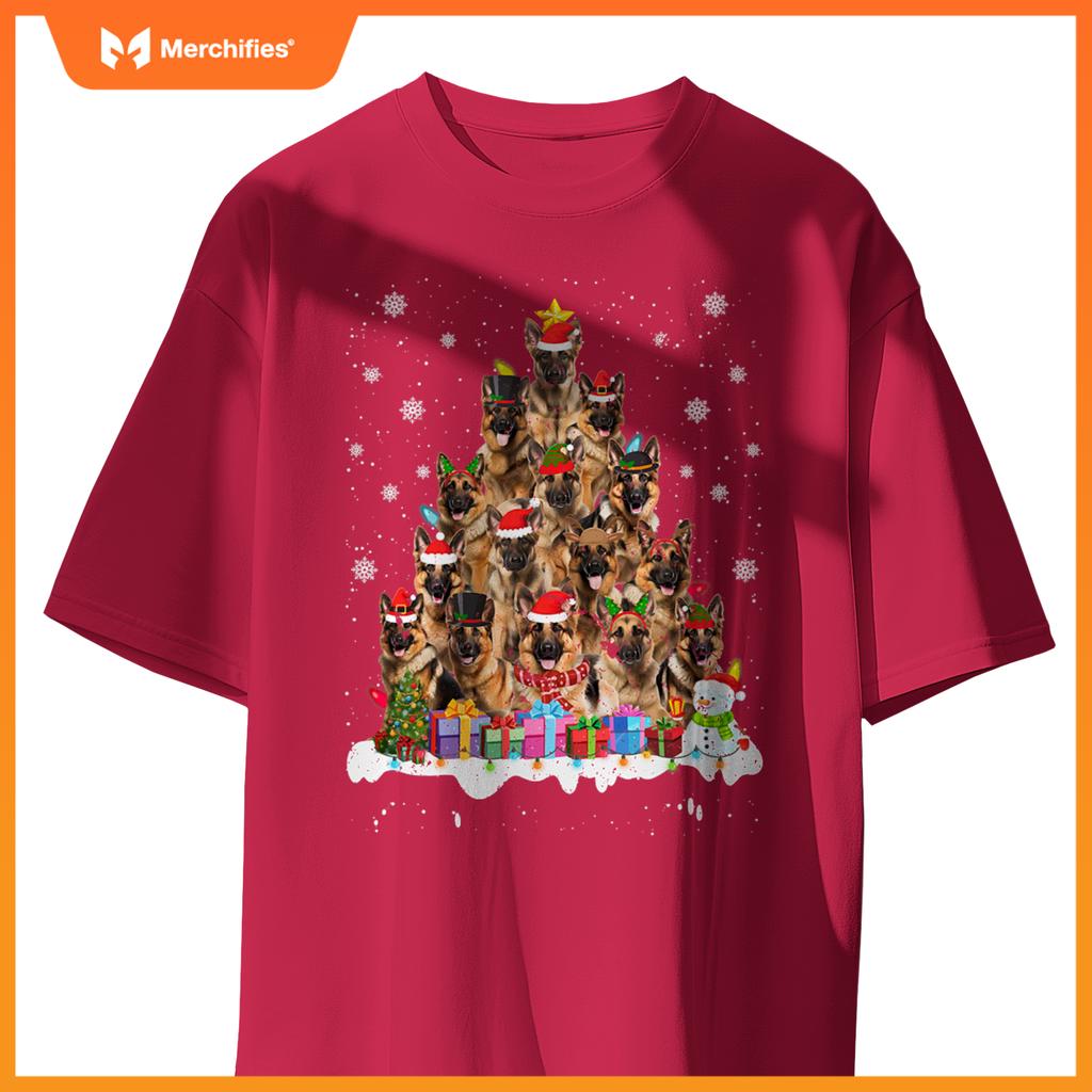 Funny German Shepherd Christmas Lights Tree Dog Lover Xmas T-Shirt