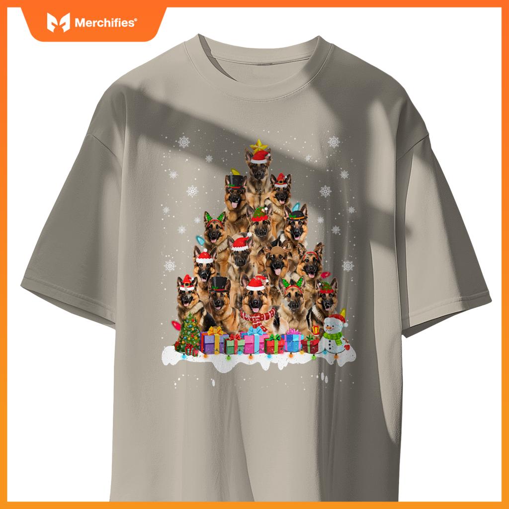 Funny German Shepherd Christmas Lights Tree Dog Lover Xmas T-Shirt