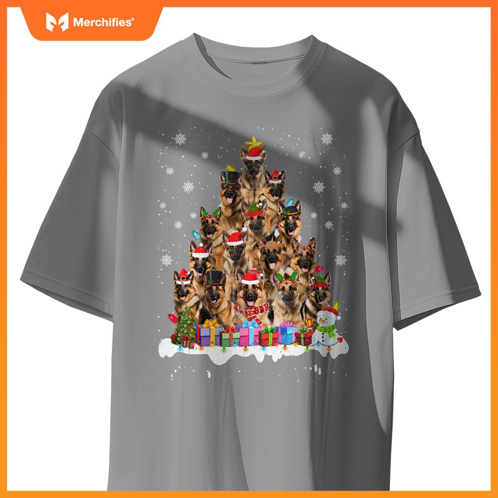 Funny German Shepherd Christmas Lights Tree Dog Lover Xmas T-Shirt
