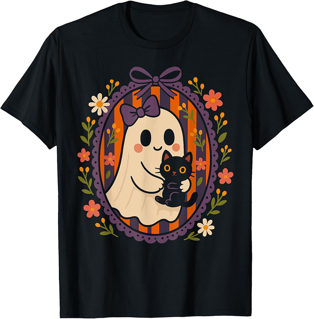 Funny Ghost Black Cat Coquette Bow Spooky Season Halloween T-Shirt