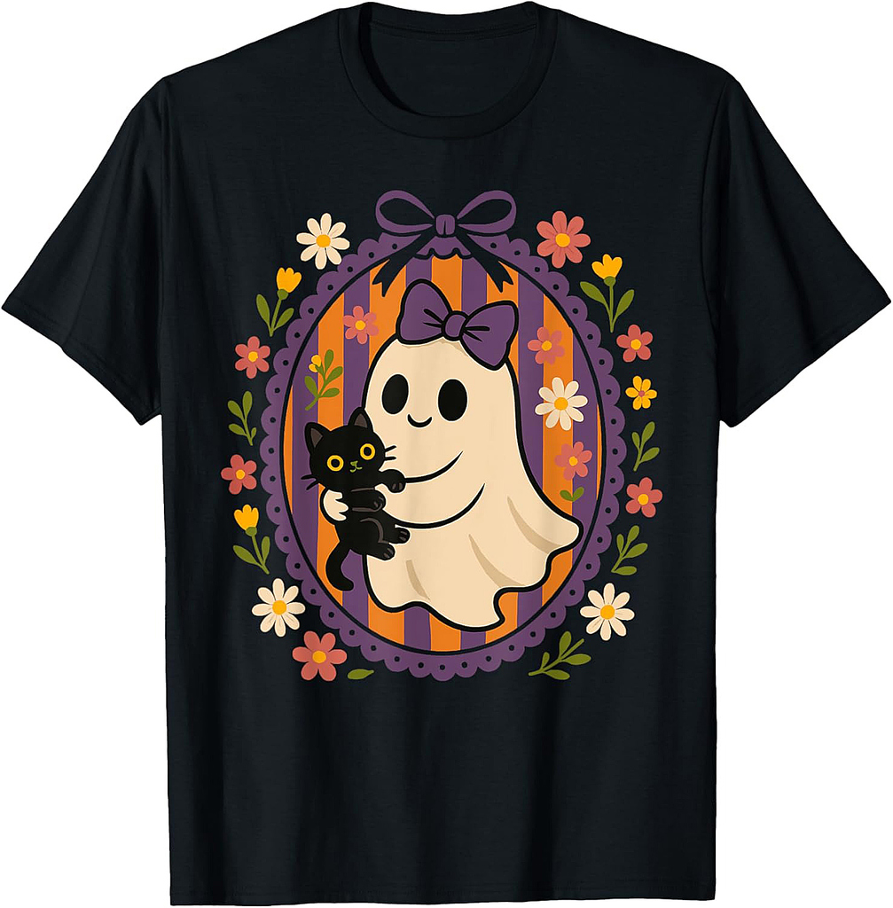 Funny Ghost Black Cat Coquette Bow Spooky Season Halloween T-Shirt