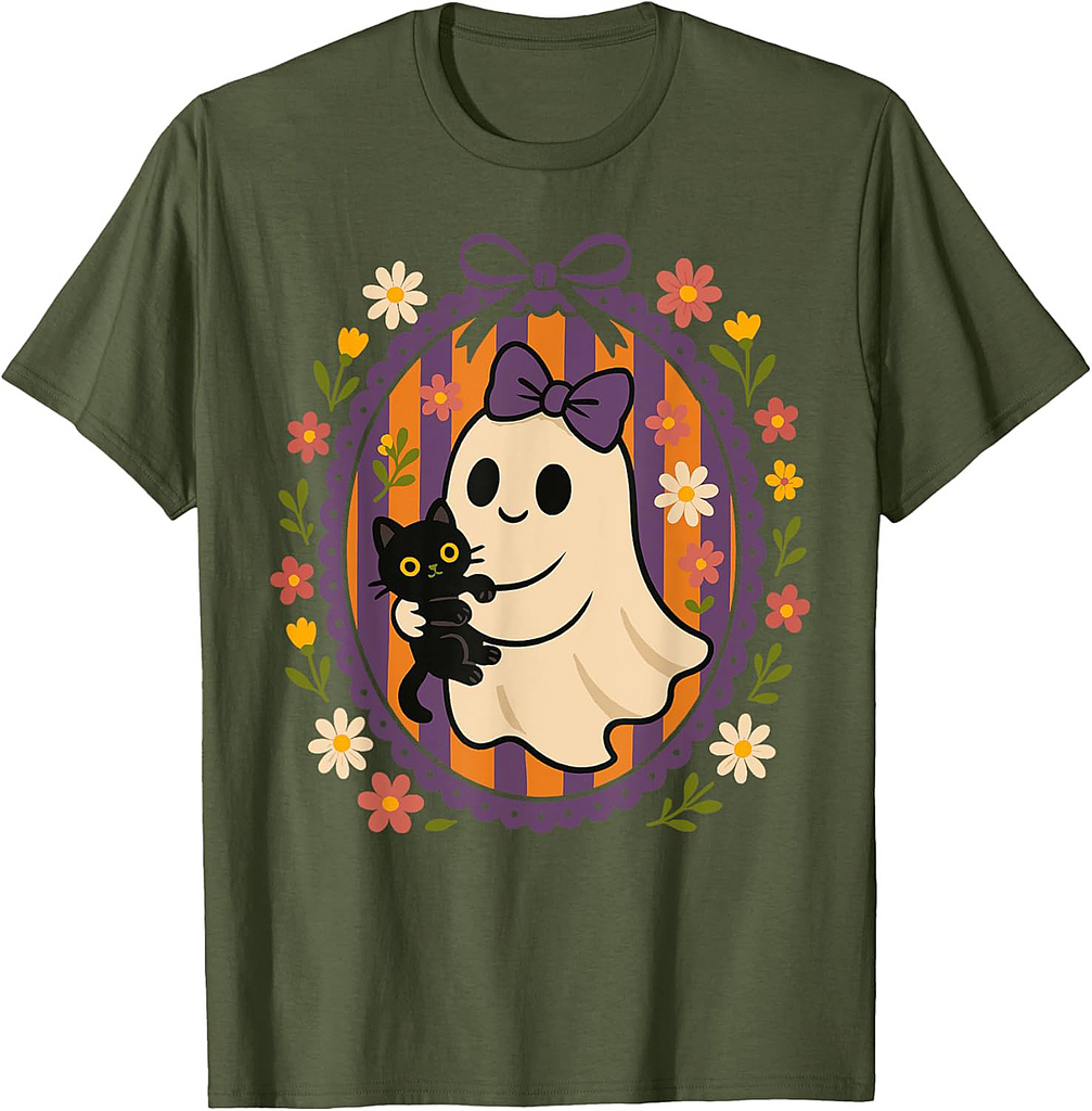 Funny Ghost Black Cat Coquette Bow Spooky Season Halloween T-Shirt