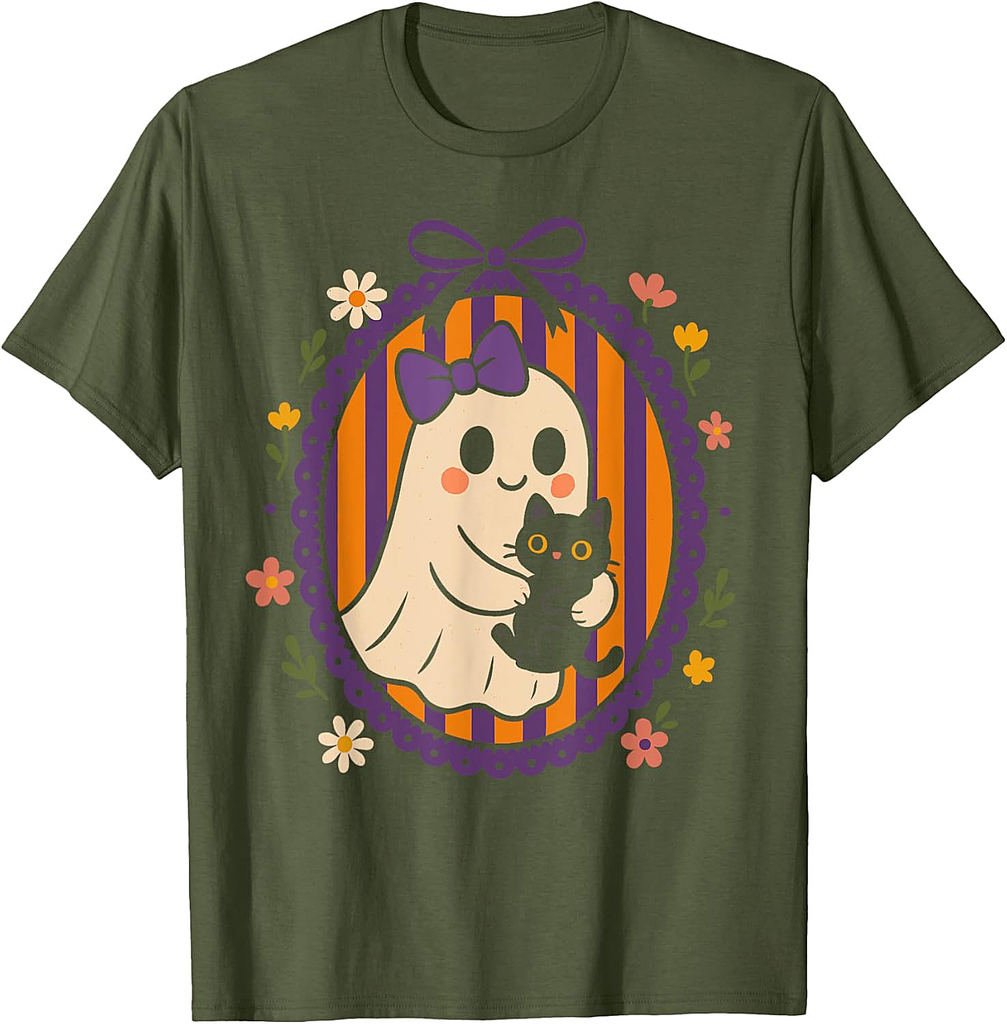 Funny Ghost Black Cat Coquette Bow Spooky Season Halloween T-Shirt