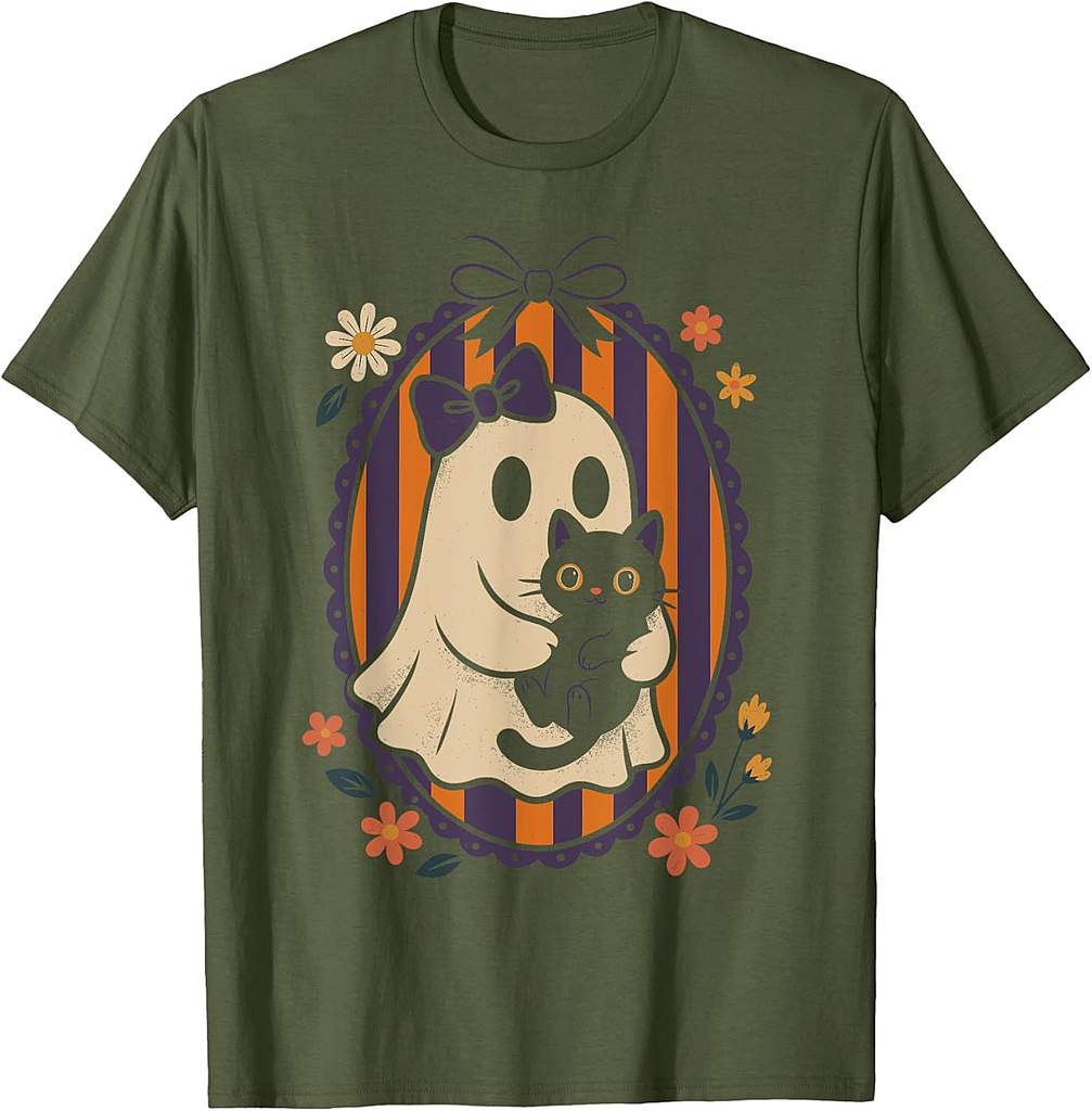 Funny Ghost Black Cat Coquette Bow Spooky Season Halloween T-Shirt