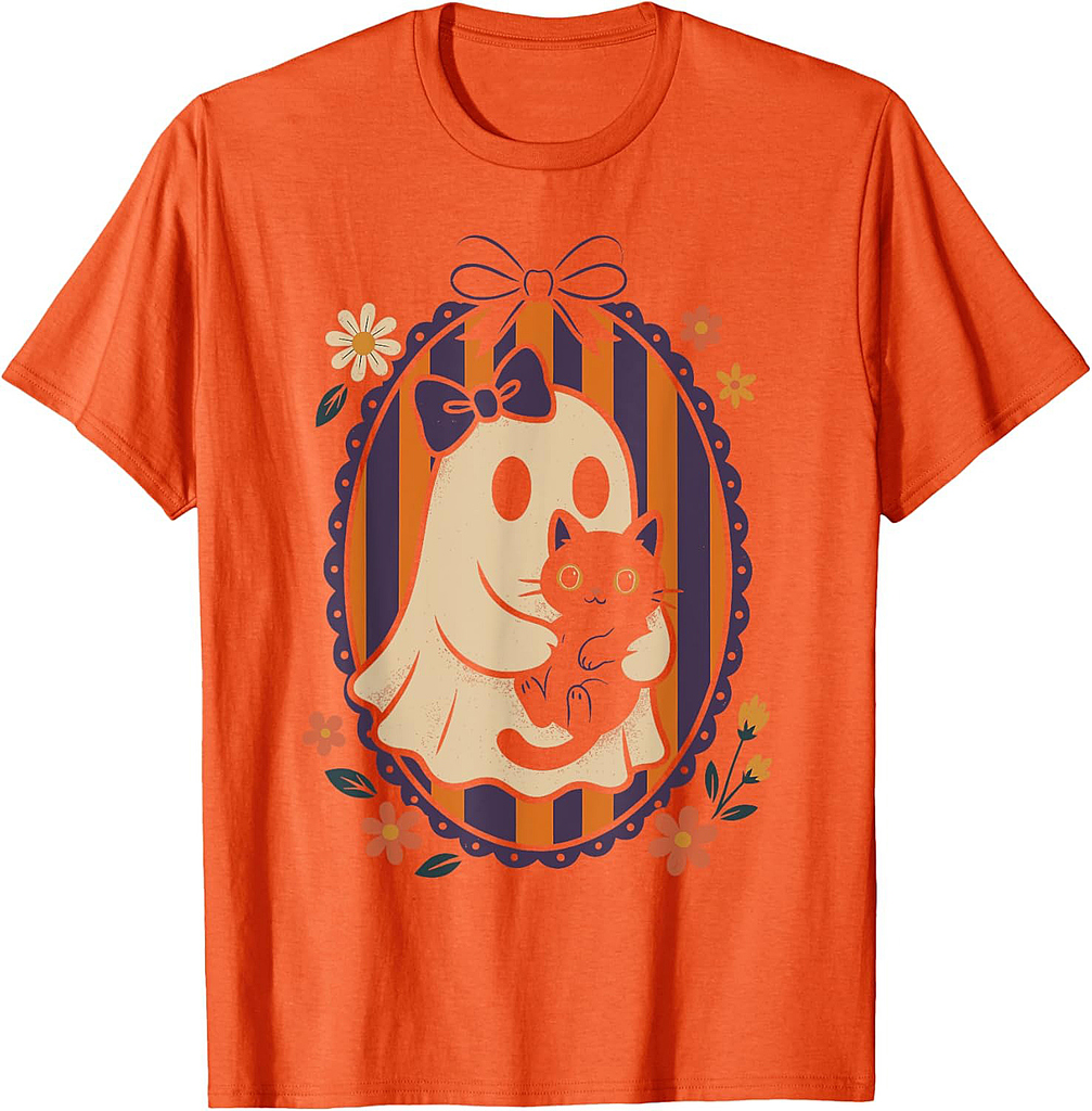 Funny Ghost Black Cat Coquette Bow Spooky Season Halloween T-Shirt