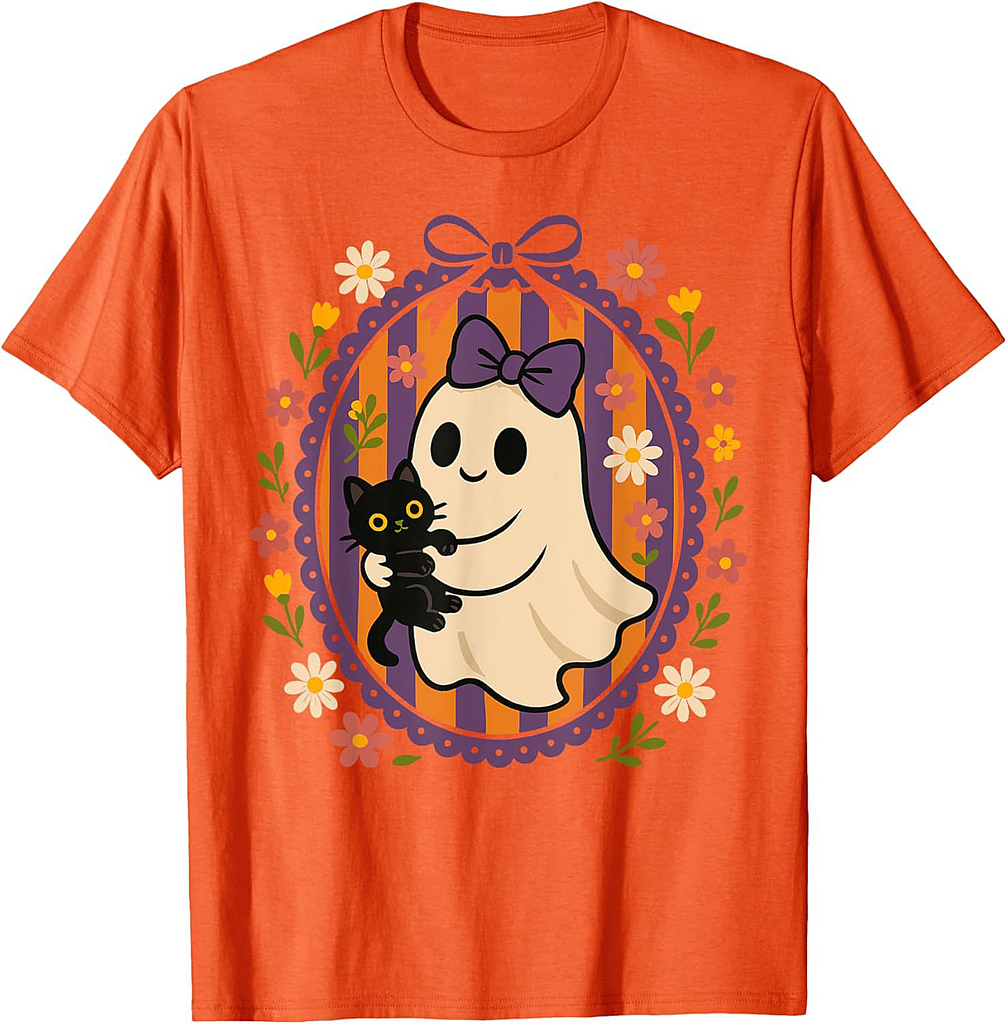 Funny Ghost Black Cat Coquette Bow Spooky Season Halloween T-Shirt