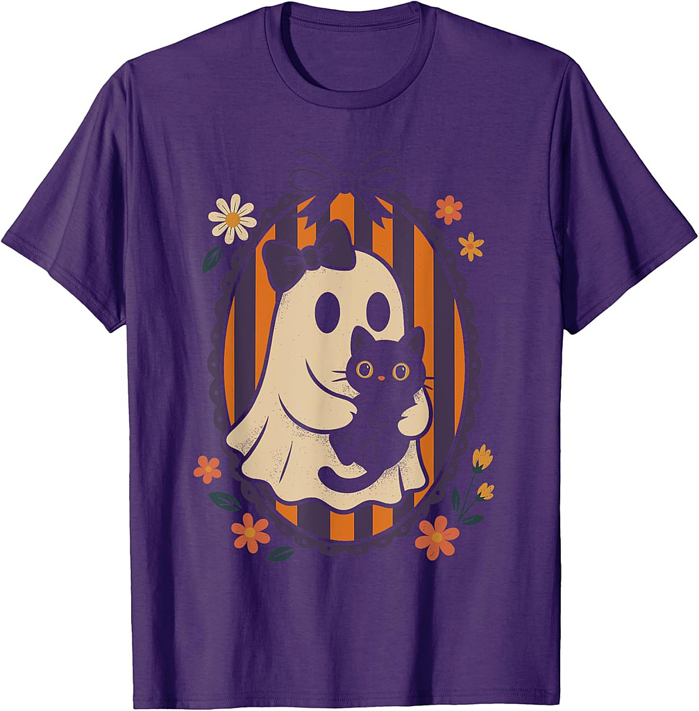 Funny Ghost Black Cat Coquette Bow Spooky Season Halloween T-Shirt