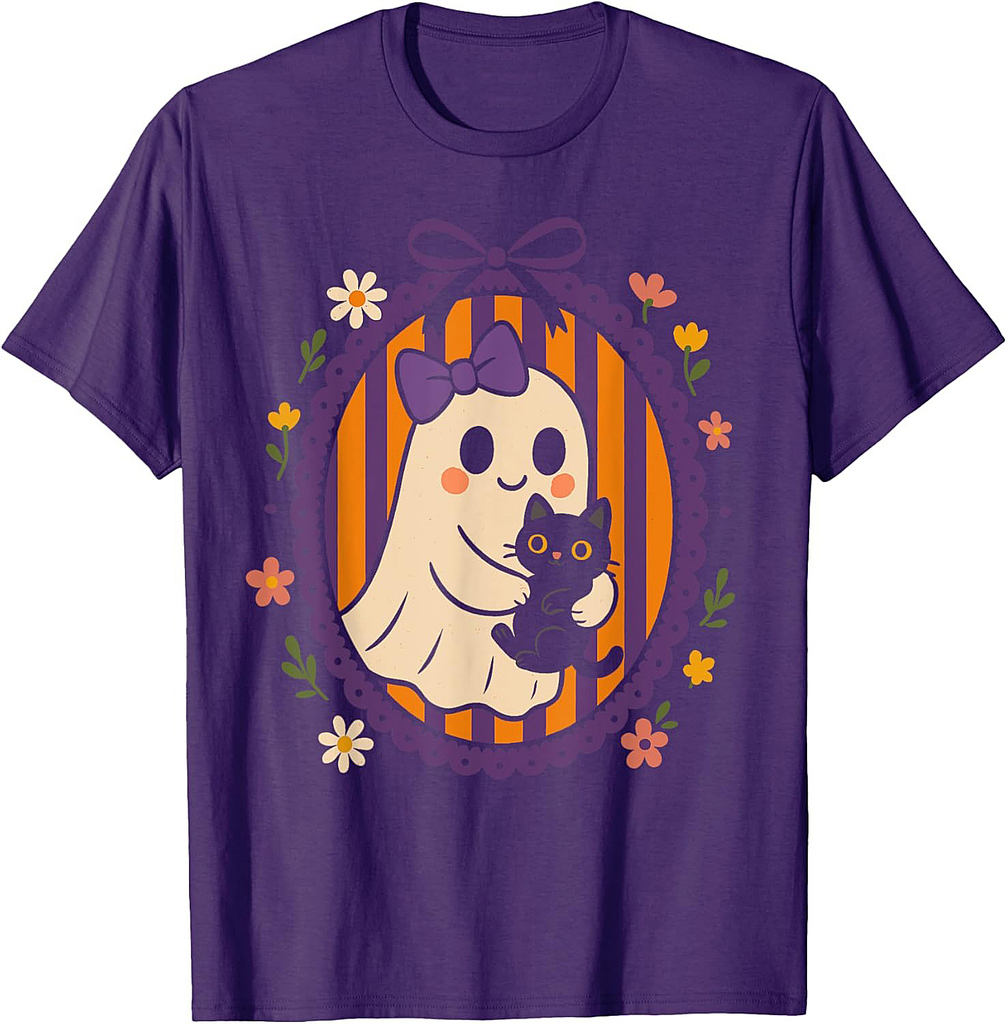 Funny Ghost Black Cat Coquette Bow Spooky Season Halloween T-Shirt