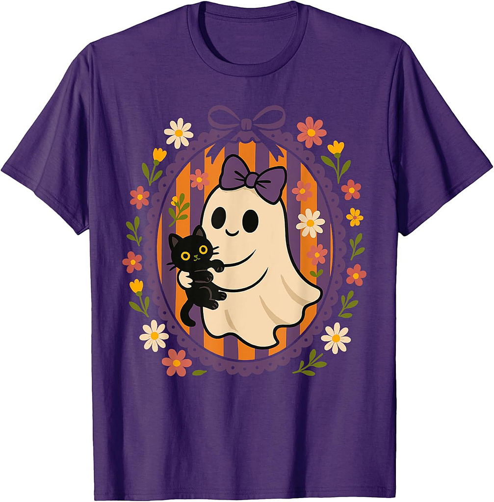 Funny Ghost Black Cat Coquette Bow Spooky Season Halloween T-Shirt