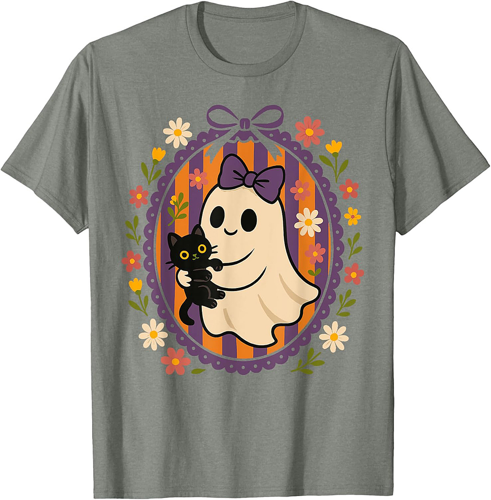 Funny Ghost Black Cat Coquette Bow Spooky Season Halloween T-Shirt