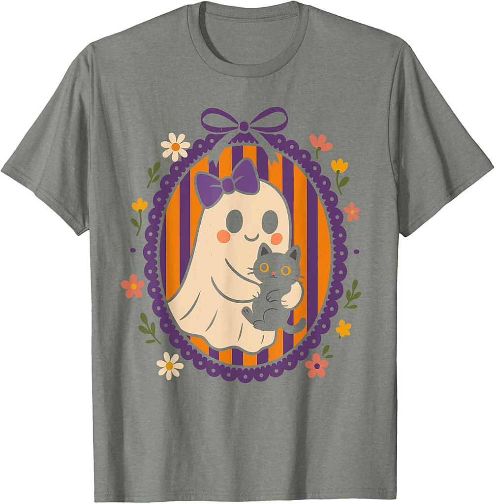 Funny Ghost Black Cat Coquette Bow Spooky Season Halloween T-Shirt