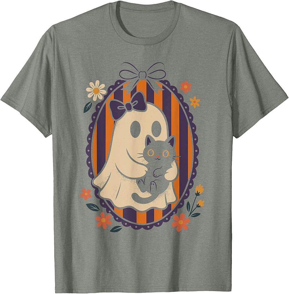 Funny Ghost Black Cat Coquette Bow Spooky Season Halloween T-Shirt