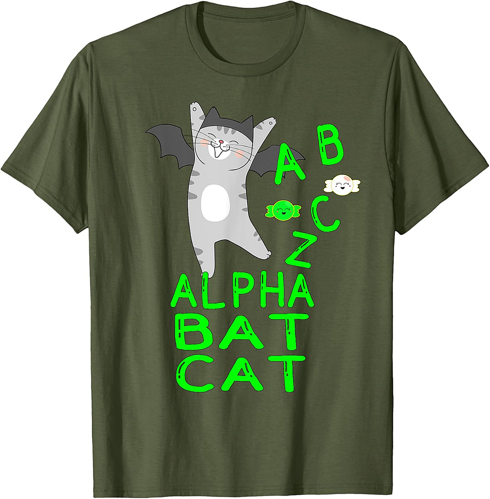 Funny Halloween Boys & Girls Bat Kids ABC Alpha Bat Cat T-Shirt