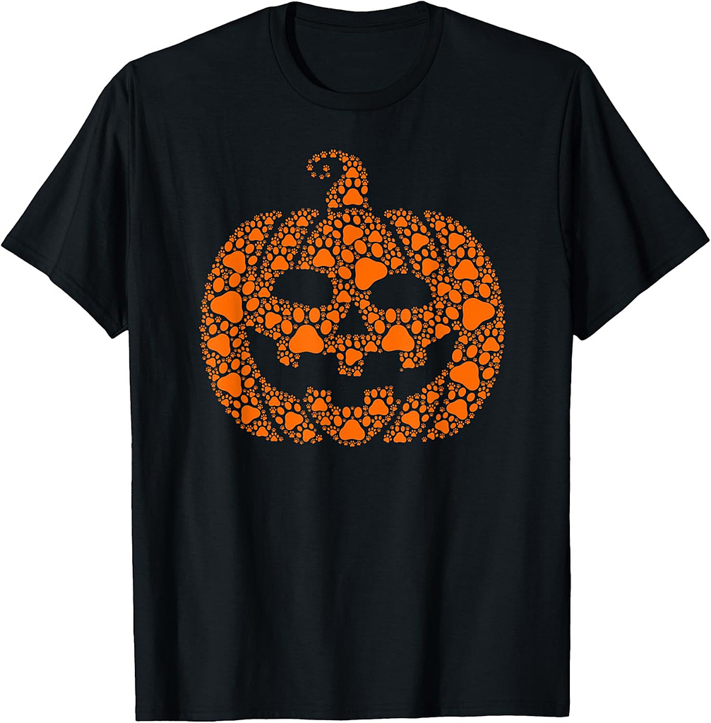 Funny Halloween Cat & Dog Paw Print Jack O Lantern Pumpkin T-Shirt