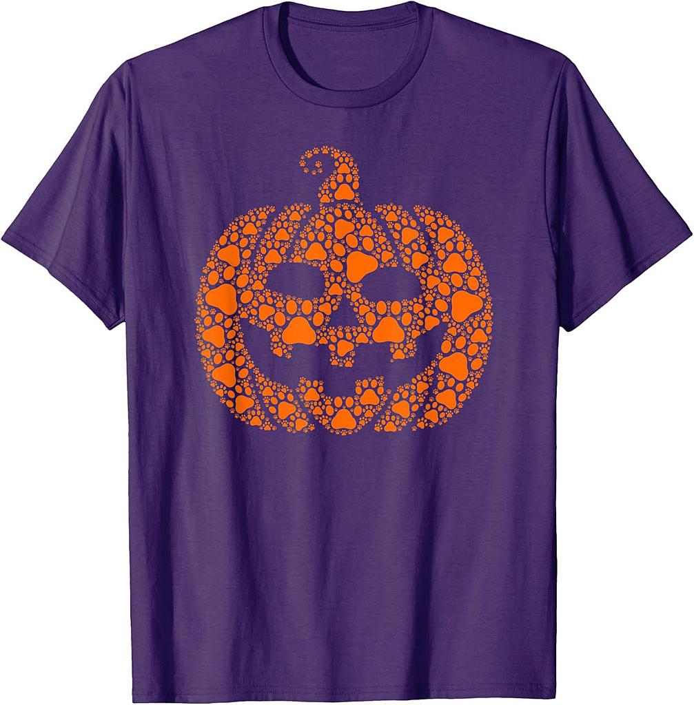 Funny Halloween Cat & Dog Paw Print Jack O Lantern Pumpkin T-Shirt