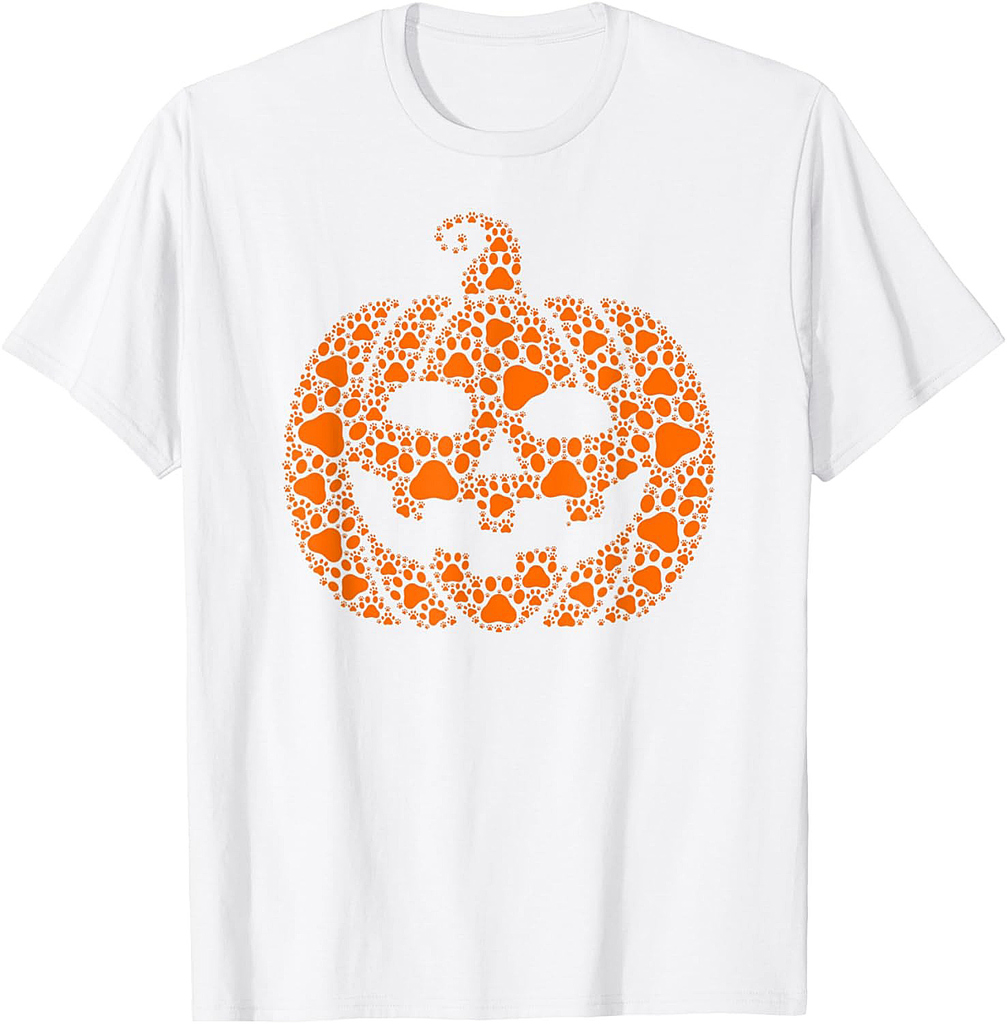 Funny Halloween Cat & Dog Paw Print Jack O Lantern Pumpkin T-Shirt