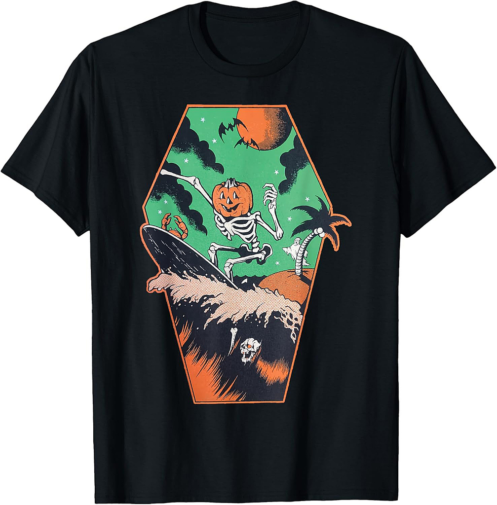 Funny Halloween Skeleton Pumpkin Surfer - Retro Pumpkin T-Shirt