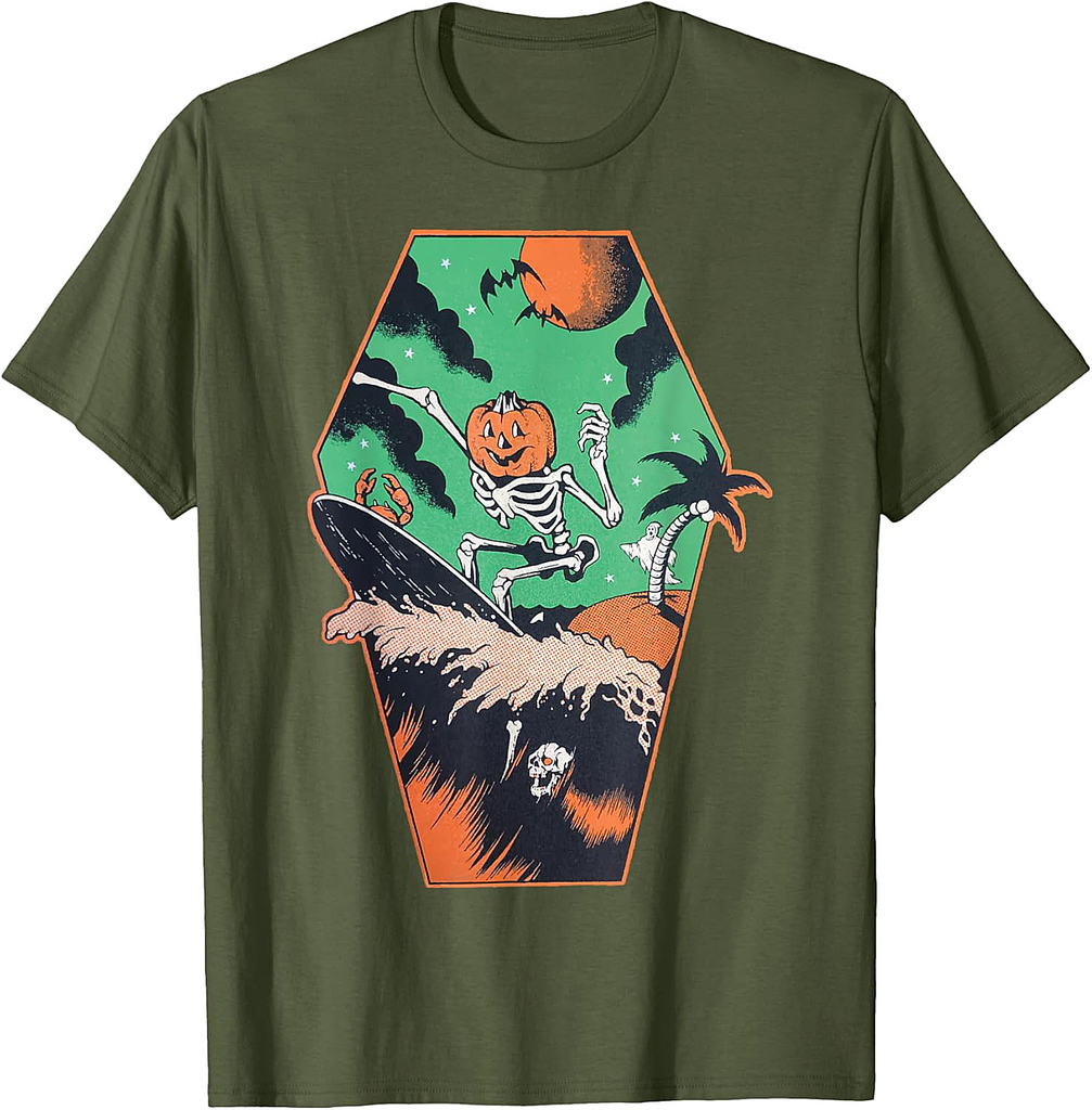 Funny Halloween Skeleton Pumpkin Surfer - Retro Pumpkin T-Shirt