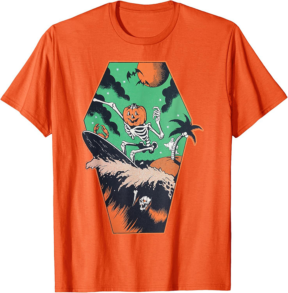 Funny Halloween Skeleton Pumpkin Surfer - Retro Pumpkin T-Shirt