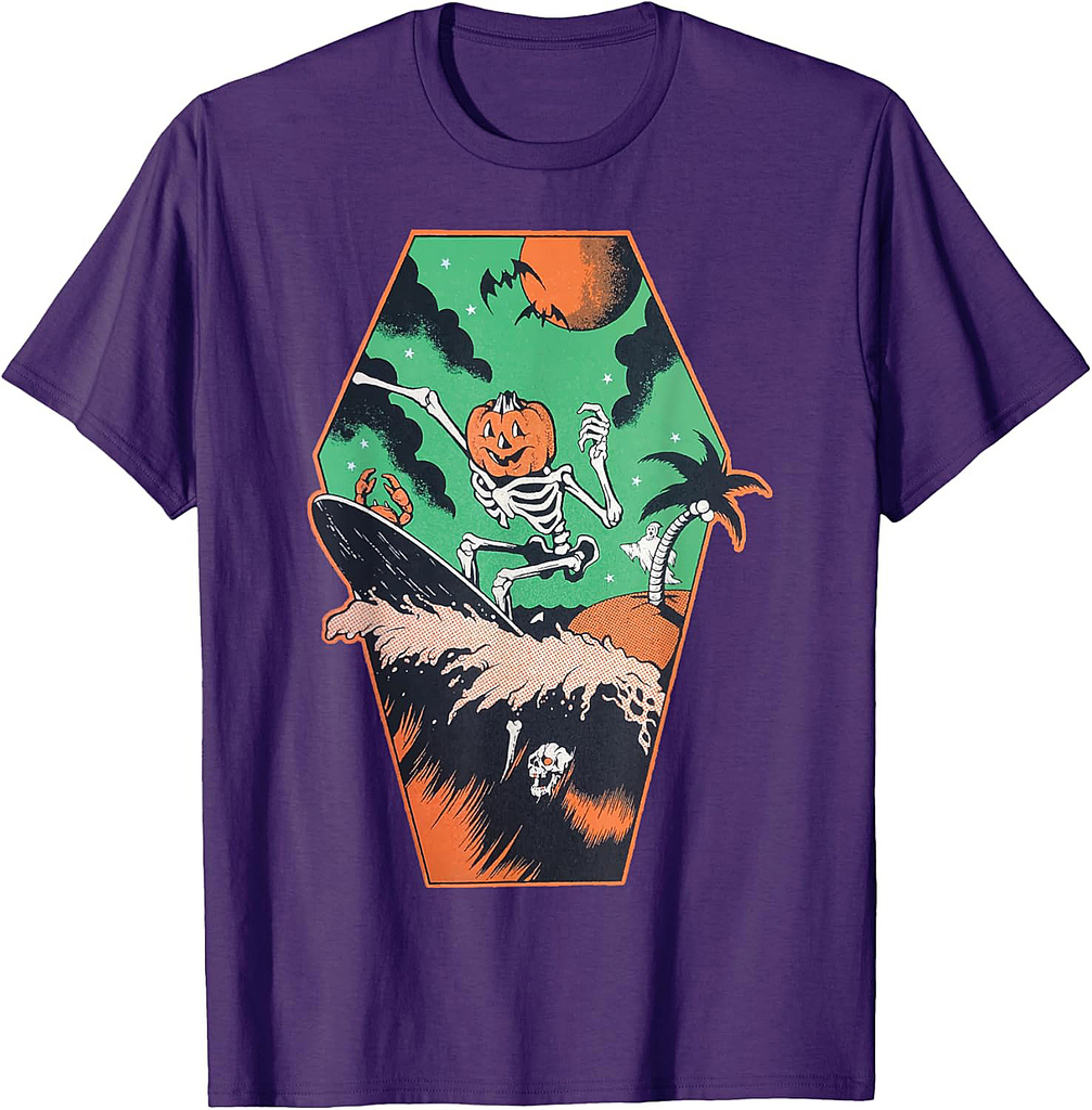 Funny Halloween Skeleton Pumpkin Surfer - Retro Pumpkin T-Shirt