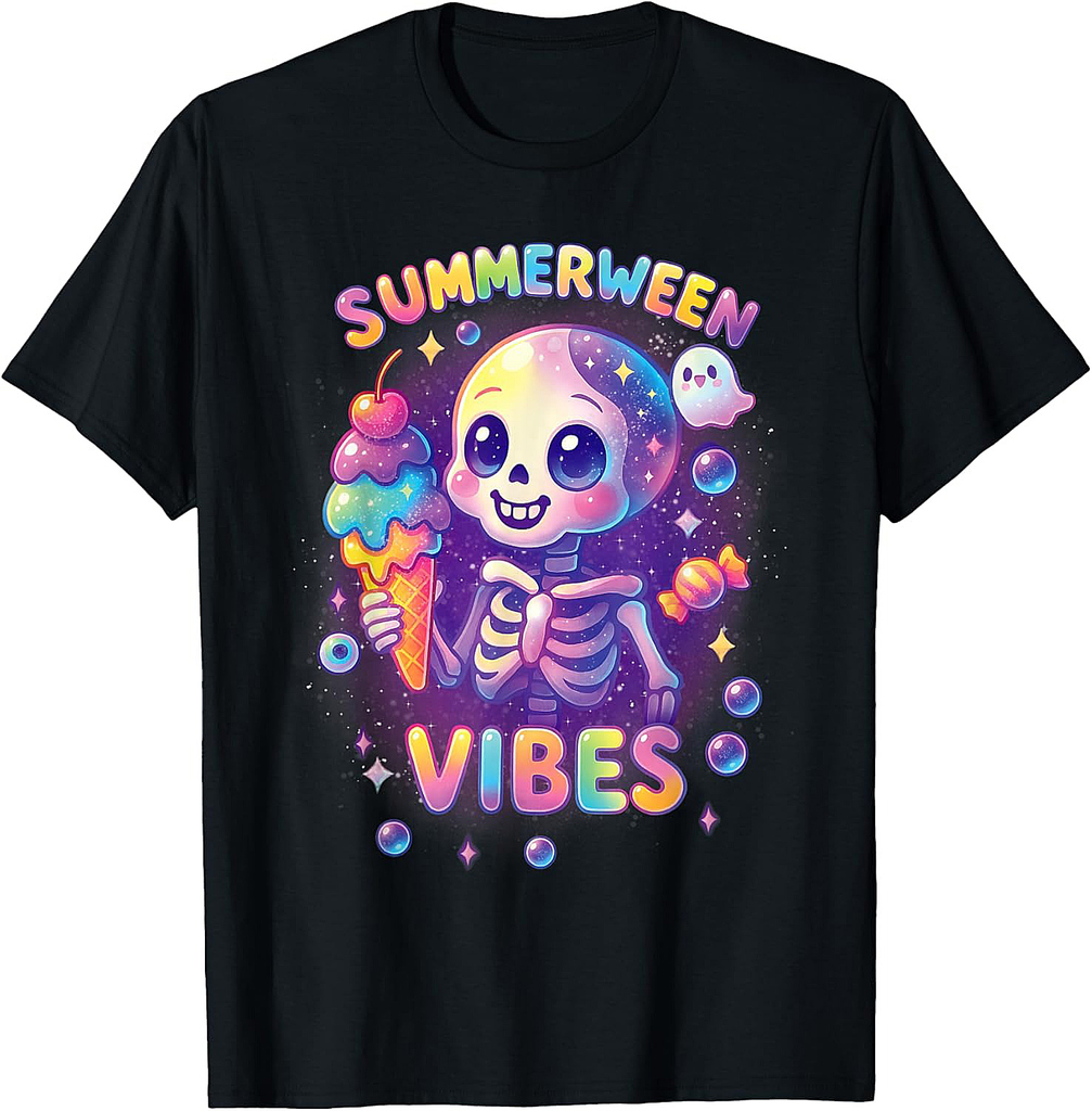 Funny Halloween Summerween Vibes Skeleton Spooky Vacay T-Shirt