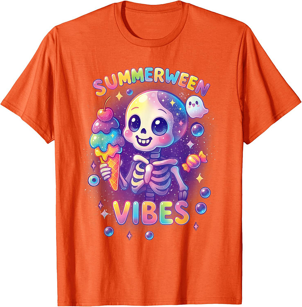 Funny Halloween Summerween Vibes Skeleton Spooky Vacay T-Shirt