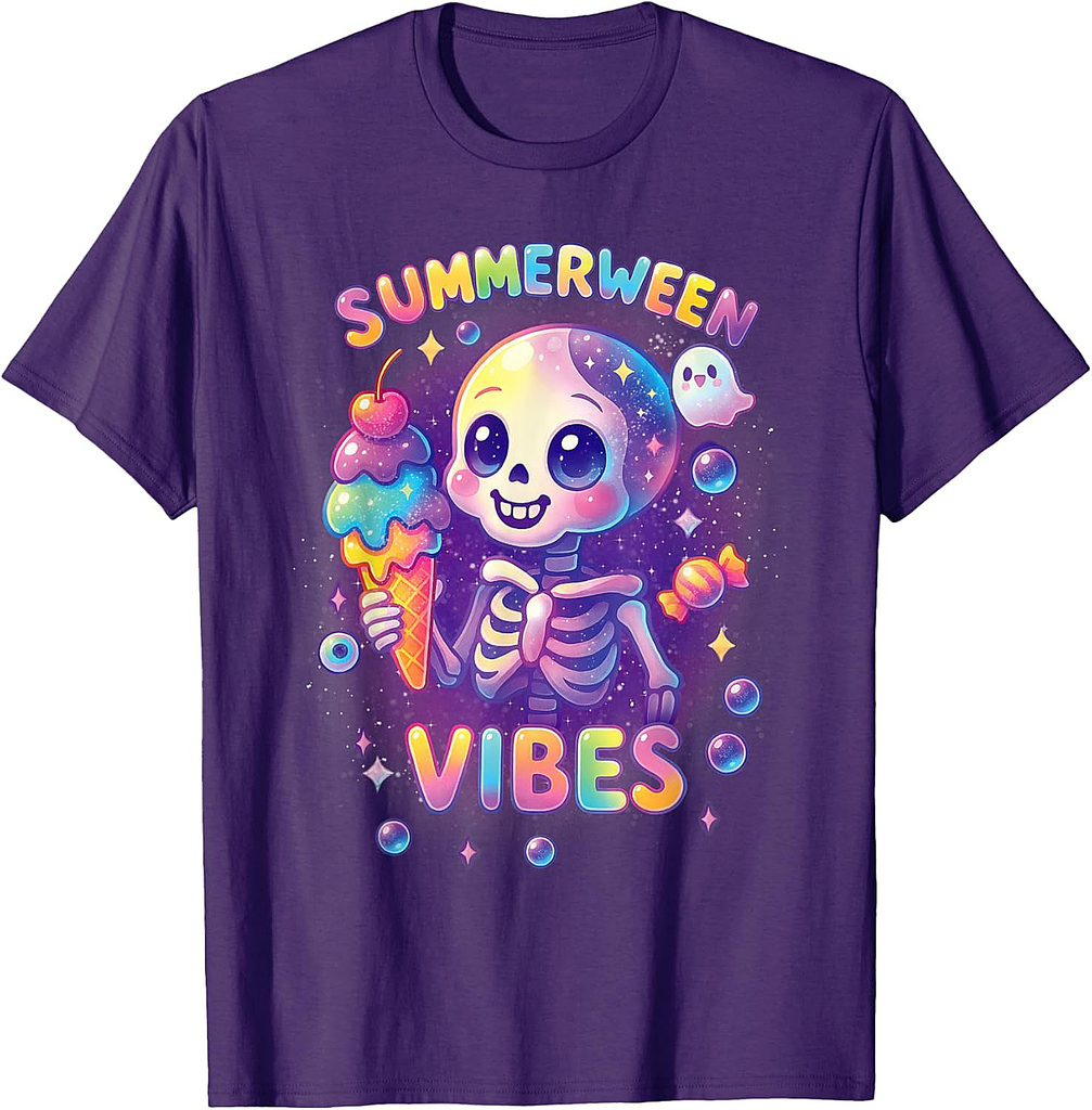 Funny Halloween Summerween Vibes Skeleton Spooky Vacay T-Shirt