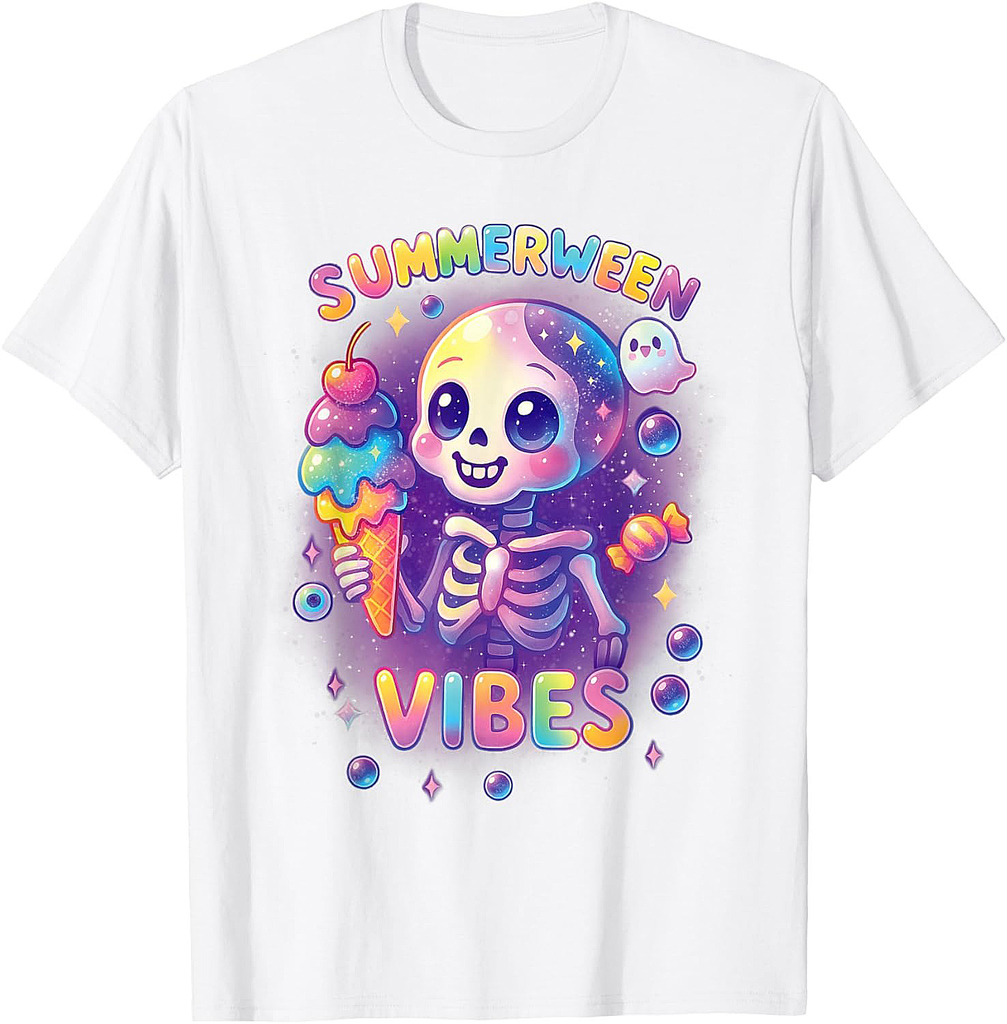 Funny Halloween Summerween Vibes Skeleton Spooky Vacay T-Shirt
