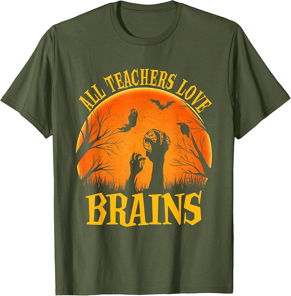 Funny Halloween Teacher All Teachers Love Brains Men Women Kids T-Shirt