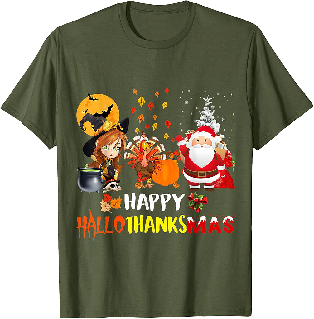 Funny Happy Hallothanksmas Halloween Thanksgiving Christmas T-Shirt