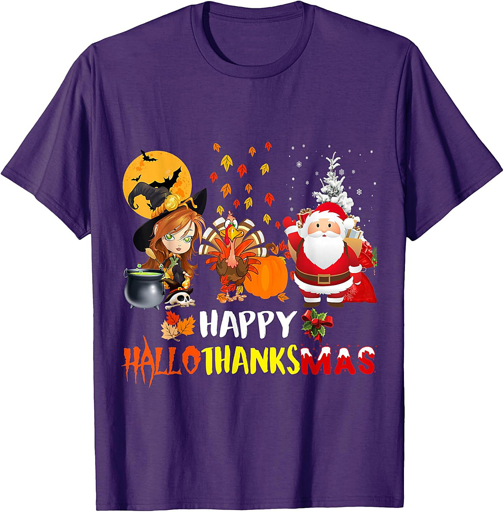 Funny Happy Hallothanksmas Halloween Thanksgiving Christmas T-Shirt