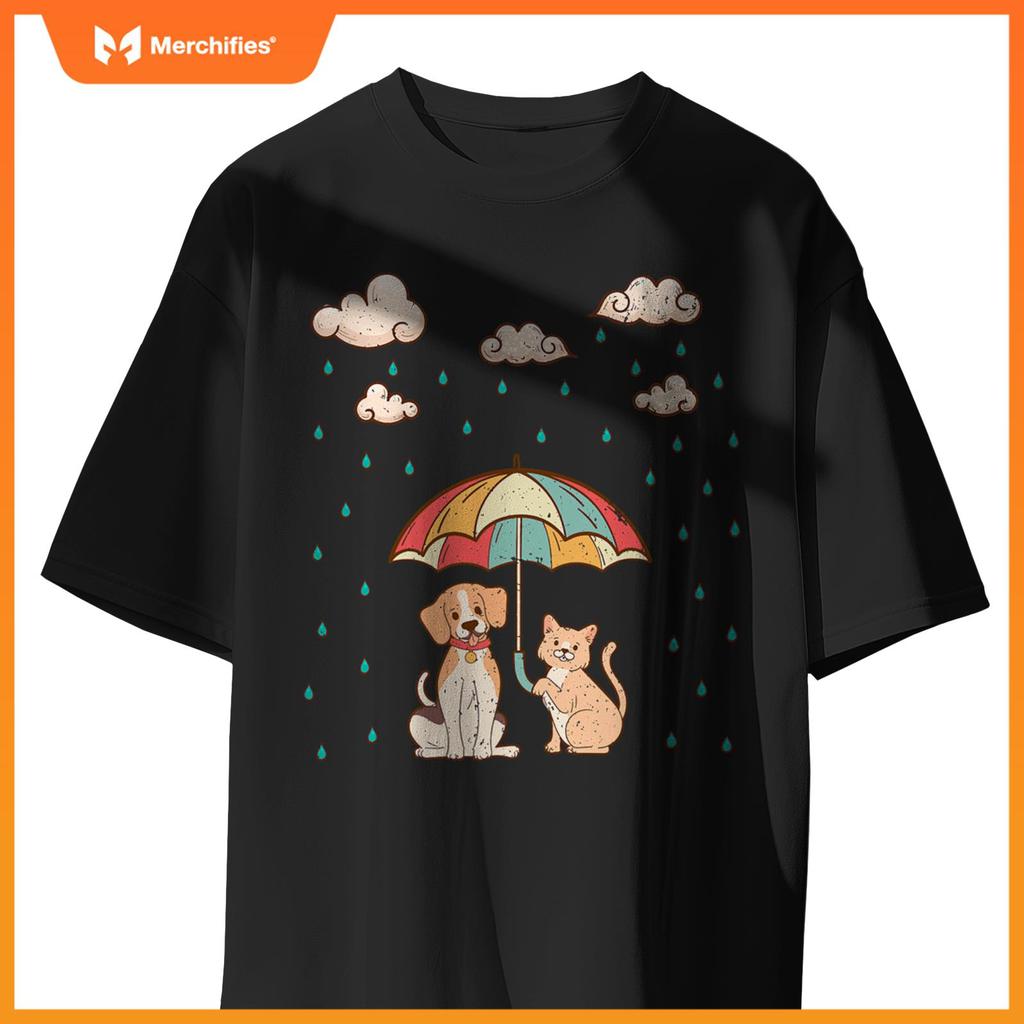 Funny Idiom Raining Cats and Dogs  Cute Canine Feline Lover T-Shirt