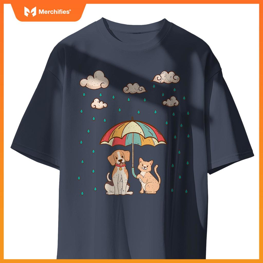 Funny Idiom Raining Cats and Dogs  Cute Canine Feline Lover T-Shirt