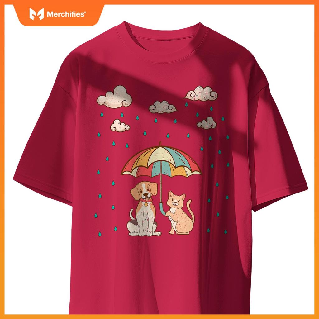 Funny Idiom Raining Cats and Dogs  Cute Canine Feline Lover T-Shirt